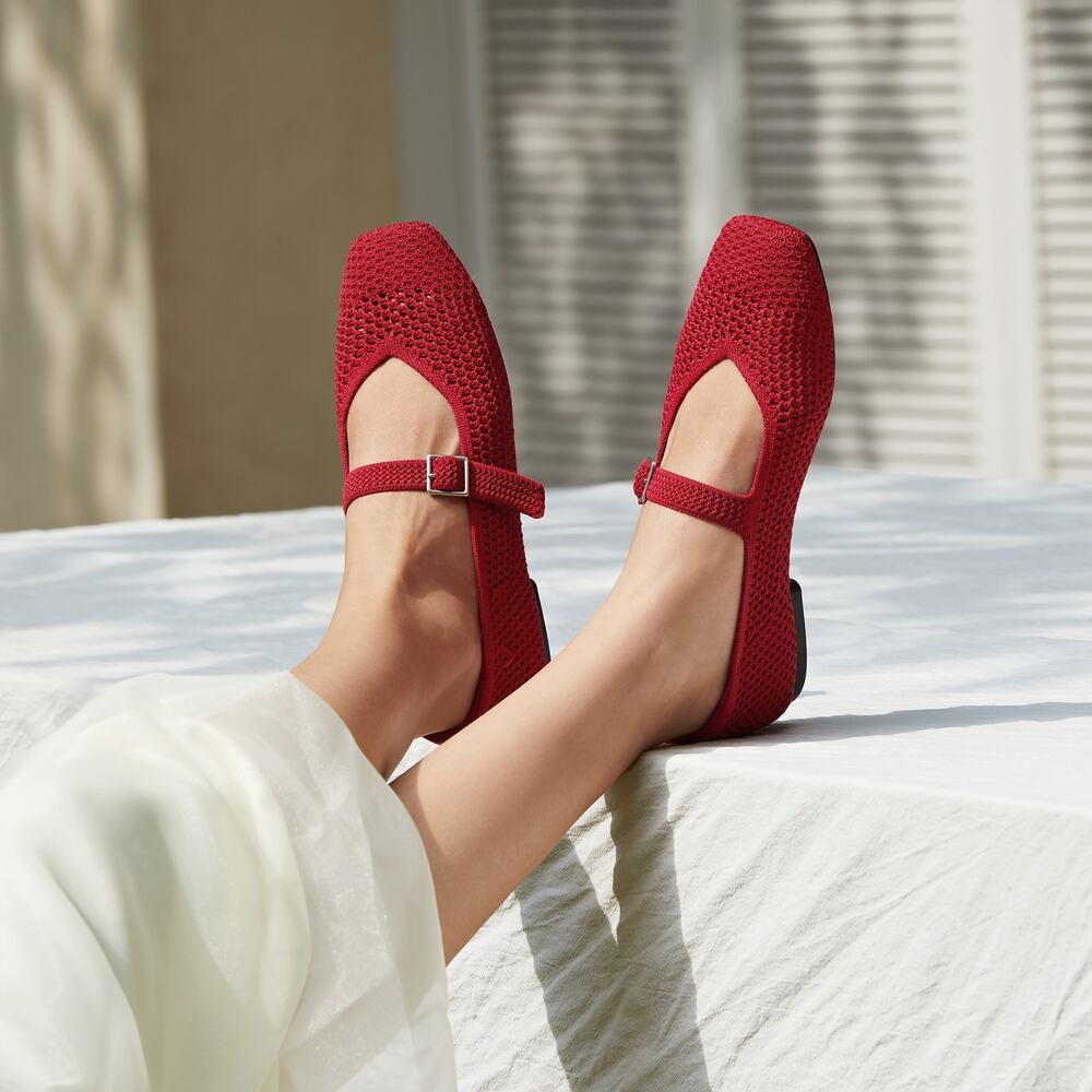 Vivaia Margot Mary Jane Ruby Red Mesh Old Money Washable Arch Support Flats 6.5